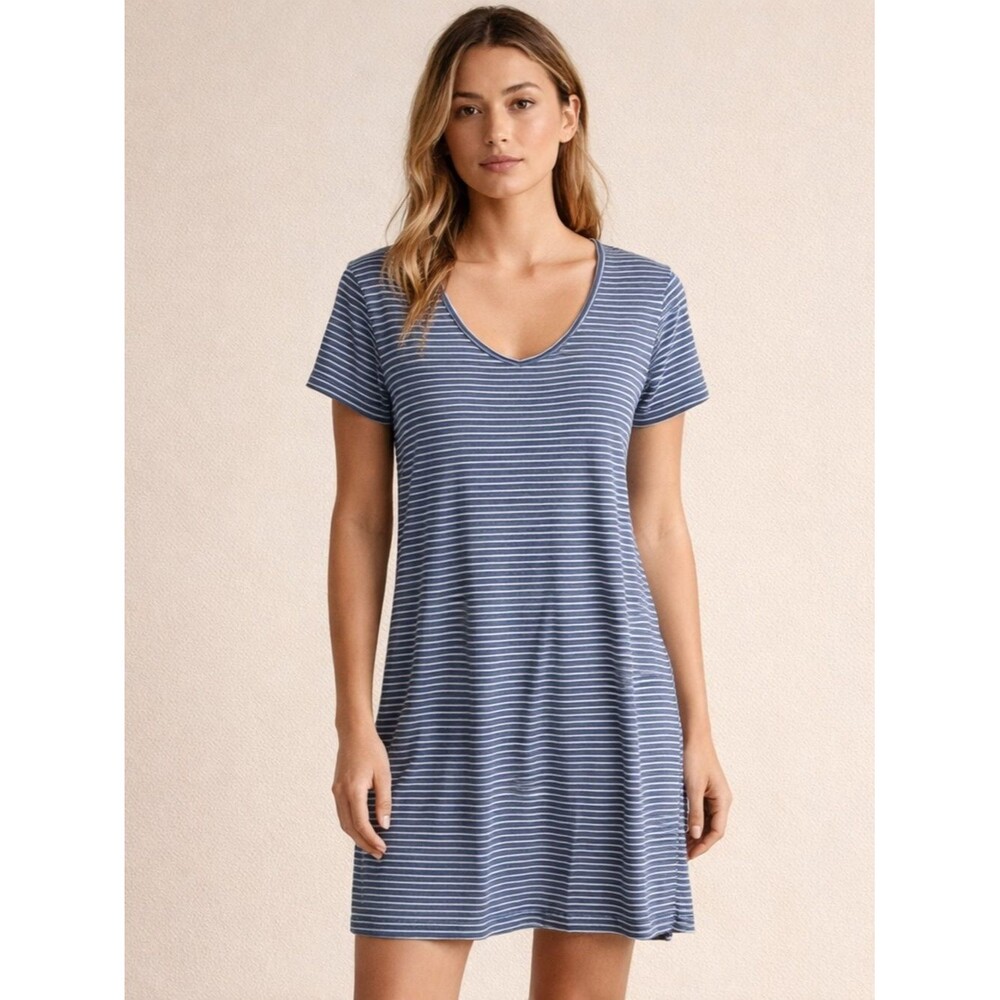 Striped Blue & White V-Neck T-Shirt Dress